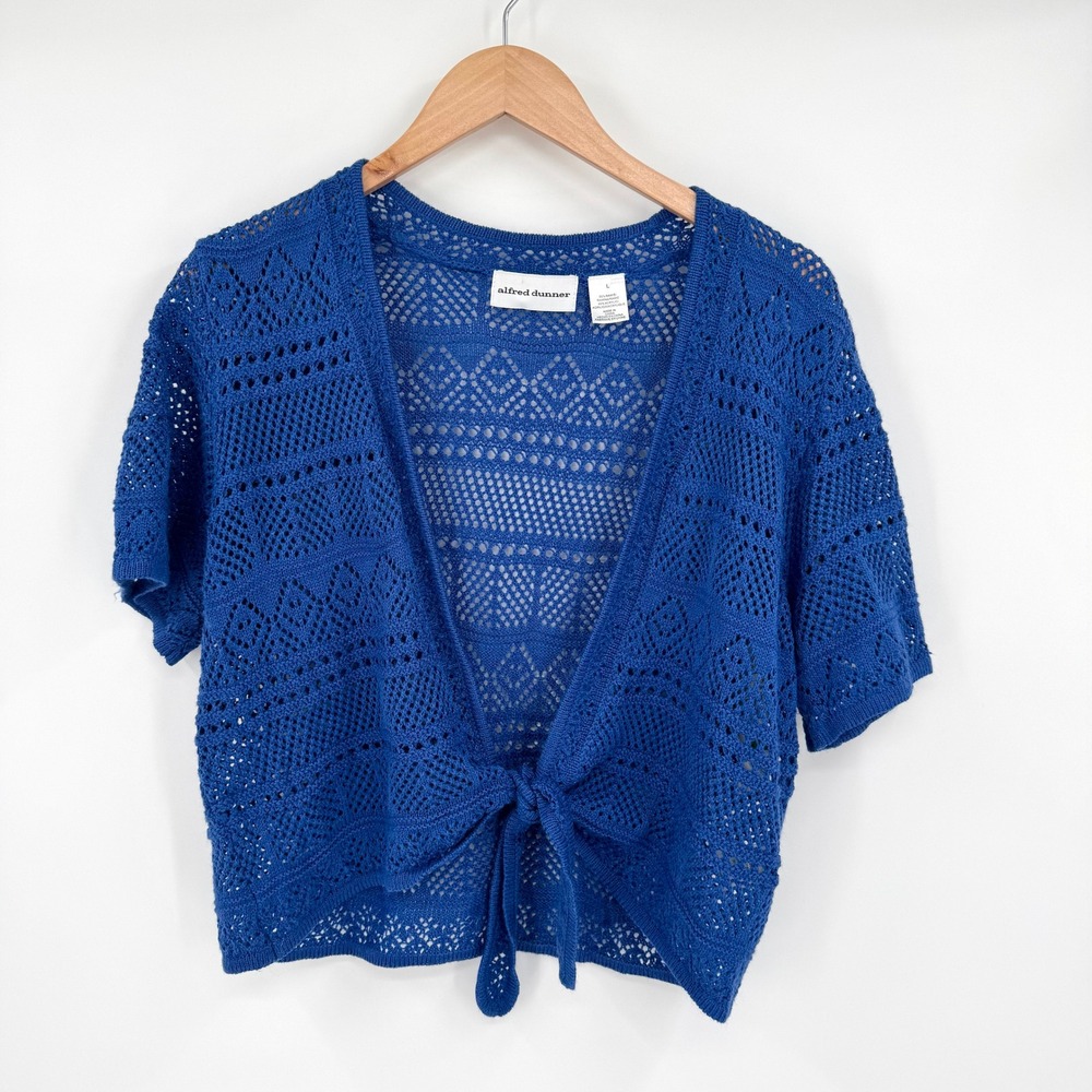 Alfred Dunner Womens Blue Pointelle Knit Tie Front Cropped Cardigan Shrug Large